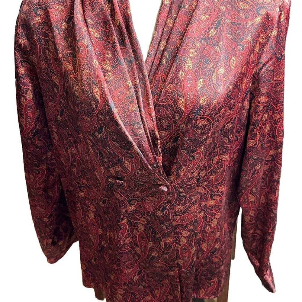 Notations Top Blouse Women Burgundy Paisley V Pleated Christmas Business Size 12 - Picture 2 of 11